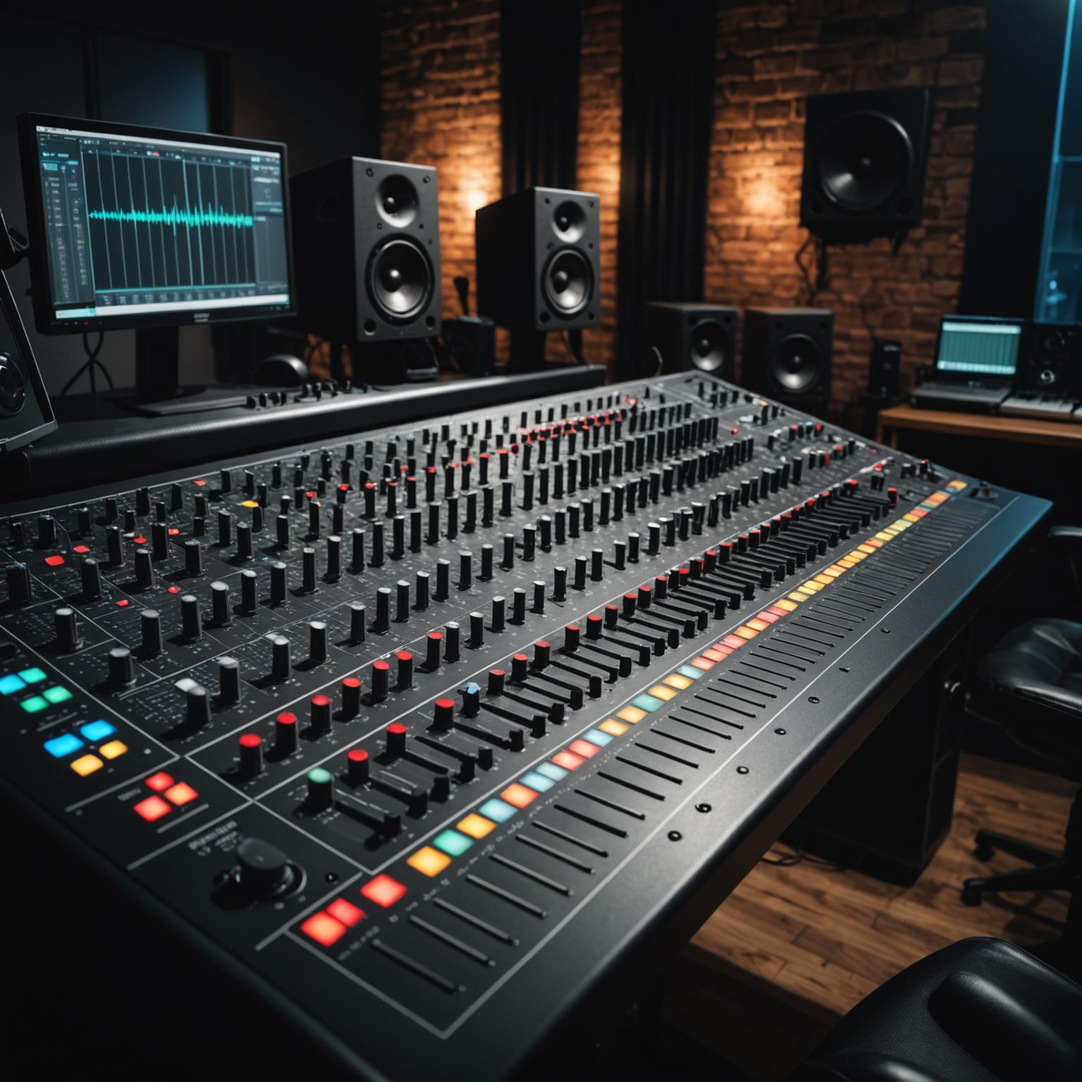 Studio monitors on a mixing desk in a professional studio