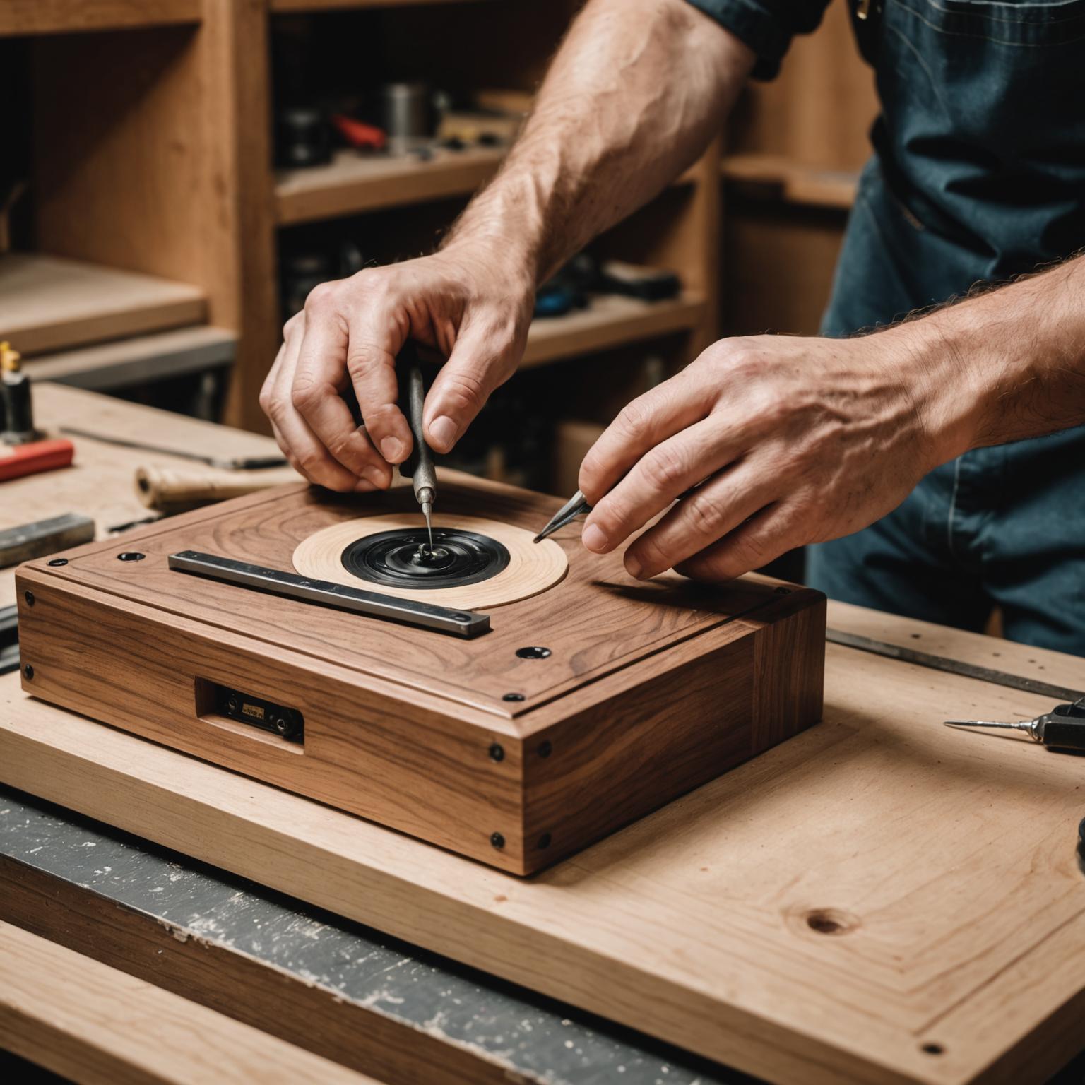 Craftsman shaping a wooden speaker cabinet in a workshop